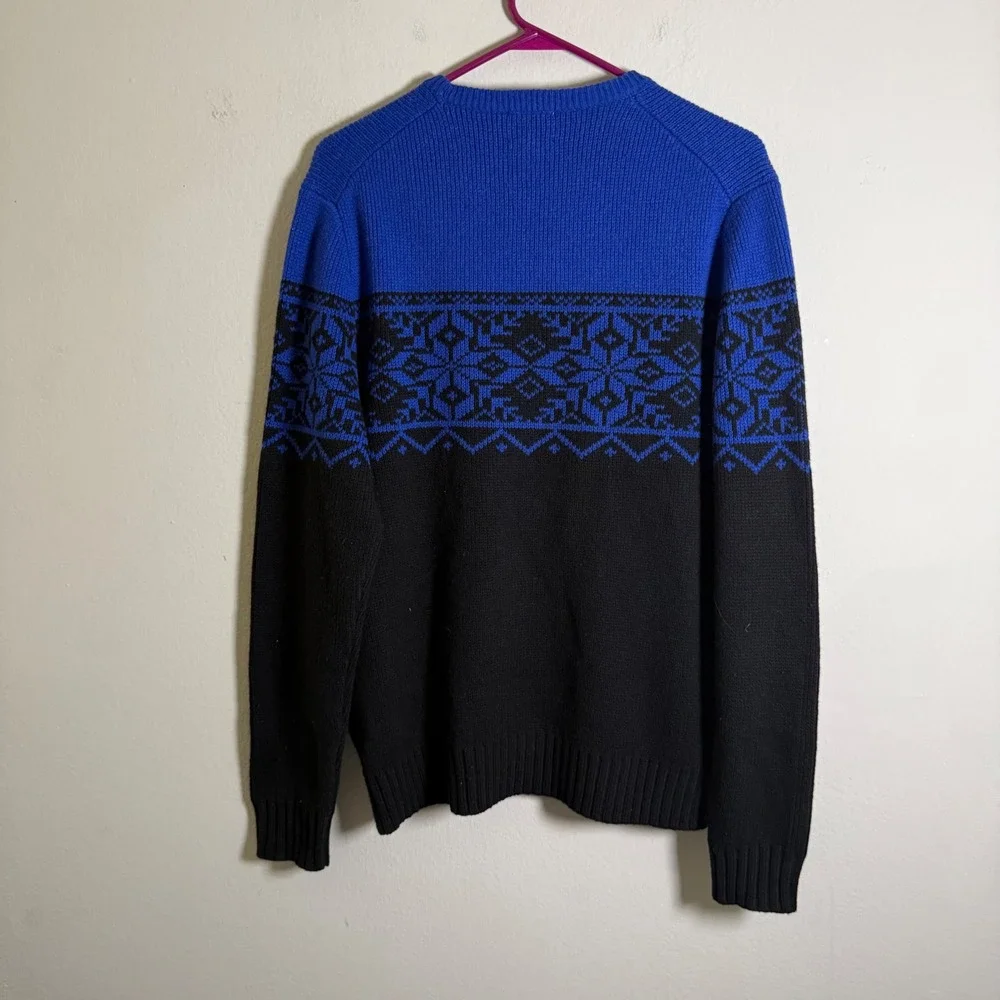 Brooks Brothers Red Fleece Mens Blue Black Fair Isle Merino Wool Sweater Large